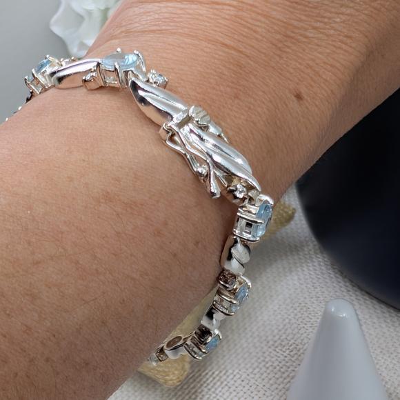 925 Sterling Silver Blue Topaz & CZ Link Bracelet 8” | Twisted Leaf Design - Picture 7 of 16
